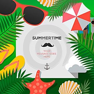 Summertime Holiday and Summer Camp poster, vector illustration.