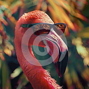 summertime holidays funny flamingo with sunglasses and tropical leaves, mem