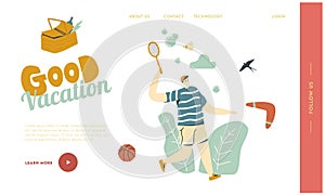 Summertime Holidays Relax Landing Page Template. Man Playing Badminton on Picnic. Outdoor Activity, Summer Time