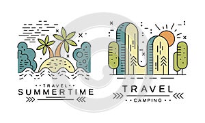 Summertime Logo Design Set, Travel Badges or Labels Cartoon Vector Illustration