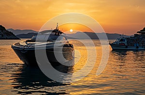 Summertime luxury yacht at sunset as seen from the beach of Aponissos, Agistri island, Saronic gulf, Greece