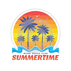 Summertime Miami beach club - vector illustration concept in retro vintage graphic style for t-shirt and other print production.