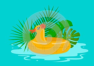 Summertime pool beach holidays background with swimming children duck float