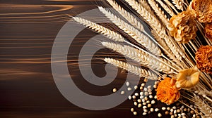 summertime scene. On a rustic table, you\'ll find an abundance of golden wheat, vibrant summer flowers, and delicious fruits.