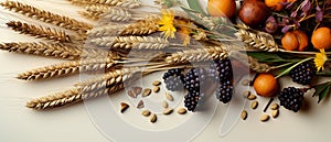 summertime scene. On a rustic table, you\'ll find an abundance of golden wheat, vibrant summer flowers, and delicious fruits.