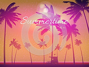 Summertime Sunset Beach Template Design Palms Banner, Flyer.