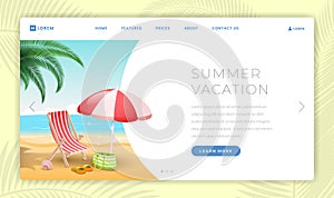 Summertime vacation landing page template. Seaside resort with sandy beach, deckchair and umbrella. Summertime