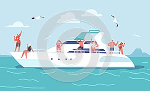 Summertime Vacation, Sea Cruise. Young People Relaxing on Luxury Yacht at Ocean. Happy Characters Rest on Ship