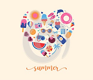 Summertime vibes heart design with cute summer beach doodles and icons. Feel the summer vector graphic elements