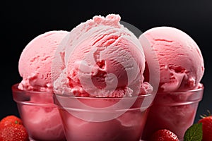 Summery delight a trio of strawberry ice cream scoops, ready to savor