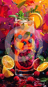 A summery, fruity cool drink inspired by the maximalist, bold Cluttercore trend with rich colors. photo