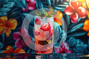 A summery, fruity cool drink inspired by the maximalist, bold Cluttercore trend with rich colors. photo