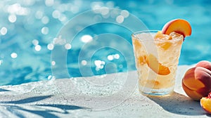 Summery Peach Cocktail by the Pool with Sparkling Water Background