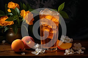 Summery Peach iced tea glass. Generate Ai