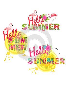 Summery prints collection with hello summer lettering, tropical flowers, sun and flamingo