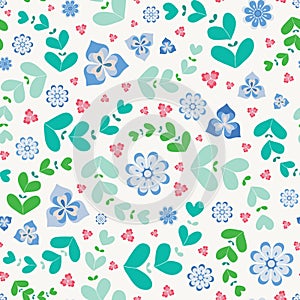 Summery seamless repeat pattern of stylized flowers and leaves. A pretty floral vector design in green, blue and pink.