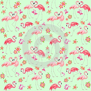 Summery seamless wallpaper with lovely pink flamingo birds and hearts, Frangipani flowers for fashion print, wrapping paper and we