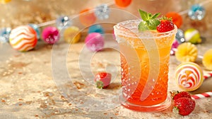 Summery Strawberry Cocktail with Festive Party Background