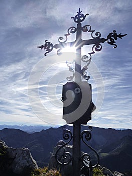 Summit cross of Auerspitz mountain, Mangfall, Bavaria, Germany