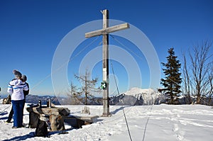 Summit cross on the Bleckwand in winter, Salzkammergut, Strobl, Salzburg, Austria, Europe