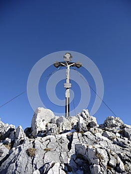 Summit cross of Breitenstein mountain, Bavaria, Germany, in wintertime