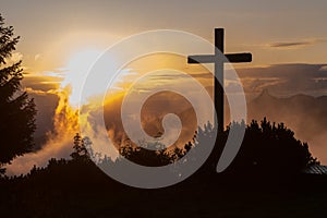 Summit Cross on Hochries during Sunrise