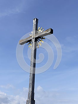 Summit cross Hoher Fricken mountain, Bavaria, Germany