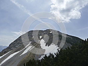 Summit cross of Krottenkopf mountain in Bavarian Alps, Germany photo