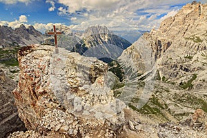 Summit cross on a Toblin tower, Dolomiti, Sudtirol, Italy