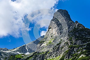 The Summit Jastrzebia Turnia Jastrabia veza with the most difficult climbing route marked out in the High Tatras, Slovakia.