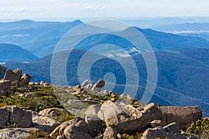 Summit of Mount Wellington overlooking foothills around Hobart