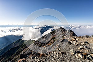 Summit of Mt. Kita at sunset, tallest mountain in the Japanese Southern Alps