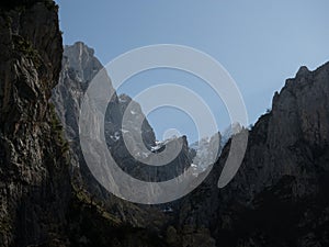 Summit panorama of Picos de Europa mountain range at hiking trail path Senda del Cares canyon valley Leon Asturias Spain photo