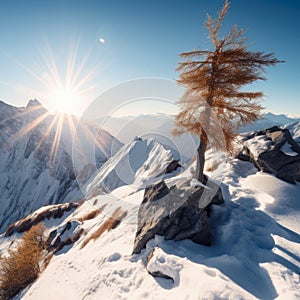 Summit Serenity Snowy Mountain Peak with a View of the Sun-Kissed Valley Below