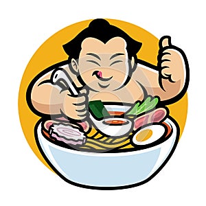 Sumo with cartoon style eating ramen