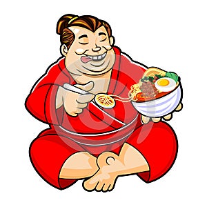 A Sumo eats Ramen happily