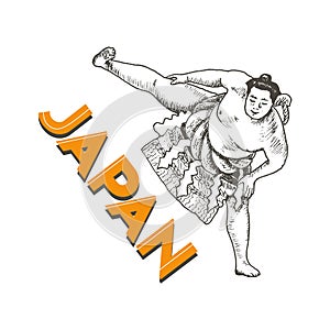 Sumo Fighter Standing with His Right Leg Up in the Air Vector Illustration