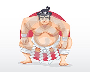 Sumo standing in crouch stance with red circle as background illustration