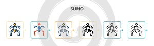 Sumo vector icon in 6 different modern styles. Black, two colored sumo icons designed in filled, outline, line and stroke style.