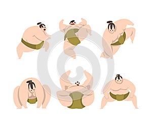 Sumo Wrestler as Japanese Martial Arts Fighter in Different Poses Vector Set