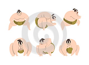 Sumo Wrestler as Japanese Martial Arts Fighter in Different Poses Vector Set