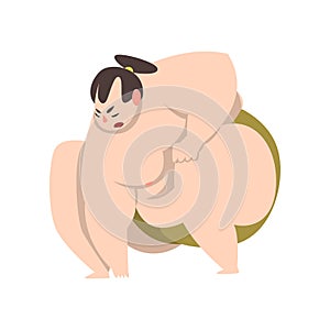 Sumo wrestler character in fighting stance, sumoist athlete, Japanese martial art fighter vector Illustration on a white