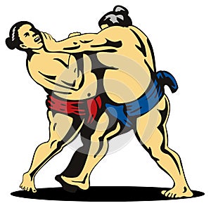 Sumo wrestlers fighting