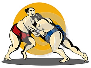 Sumo wrestlers grappling