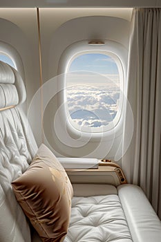 Sumptuous airplane cabin with a window view above the clouds