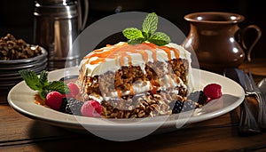 Sumptuous carrot cake slice, lavishly topped with caramel and cream, complemented by fresh berries, walnuts, and mint, elegantly