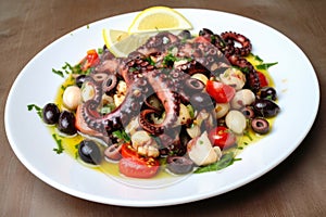 Sumptuous grilled octopus tentacles tossed with creamy feta cheese, diced tomatoes, and briny olives in a light lemon vinaigrette photo
