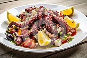 Sumptuous grilled octopus tentacles tossed with creamy feta cheese, diced tomatoes, and briny olives in a light lemon vinaigrette photo