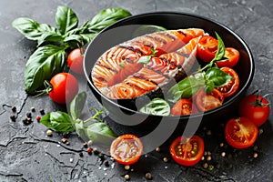 Sumptuous grilled salmon steak elegantly presented on a plate, perfect for seafood enthusiasts