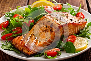 Sumptuous grilled salmon steak tastefully arranged on a sophisticated serving plate photo